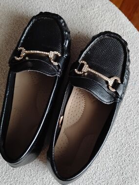 Women's Black Loafers with Decorative Gold Hardware